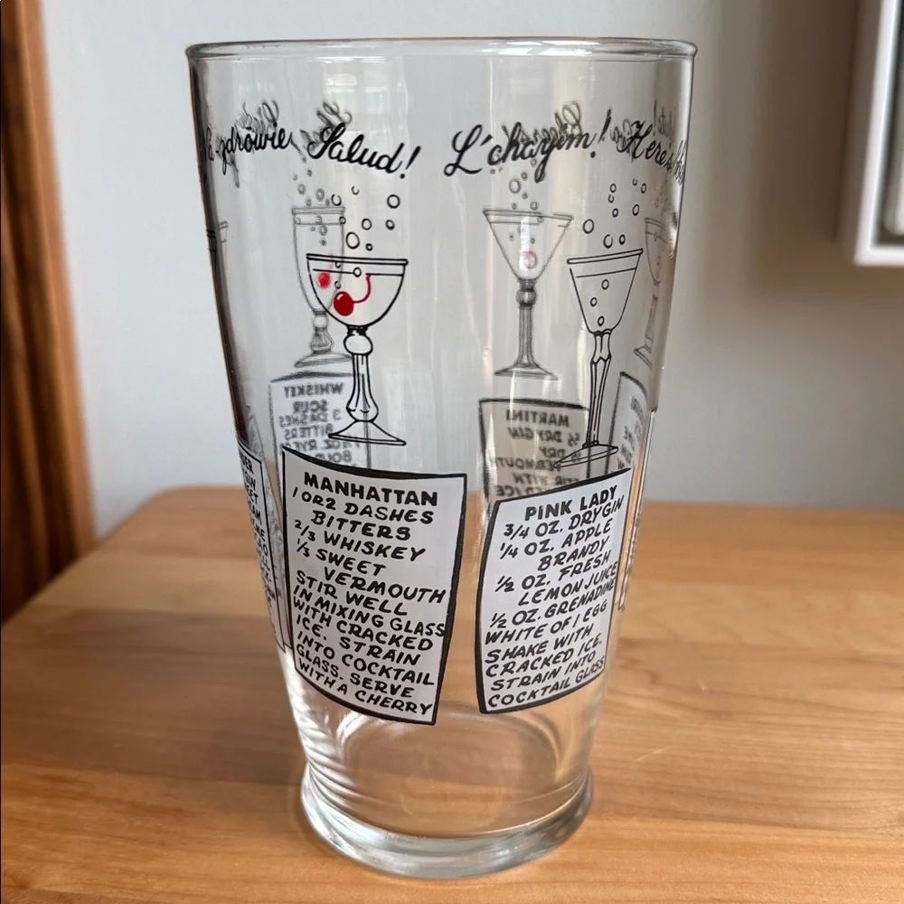 Vintage MCM Cocktail Recipe Mixing Glass Multi-Language Cheers Barware (No Lid)